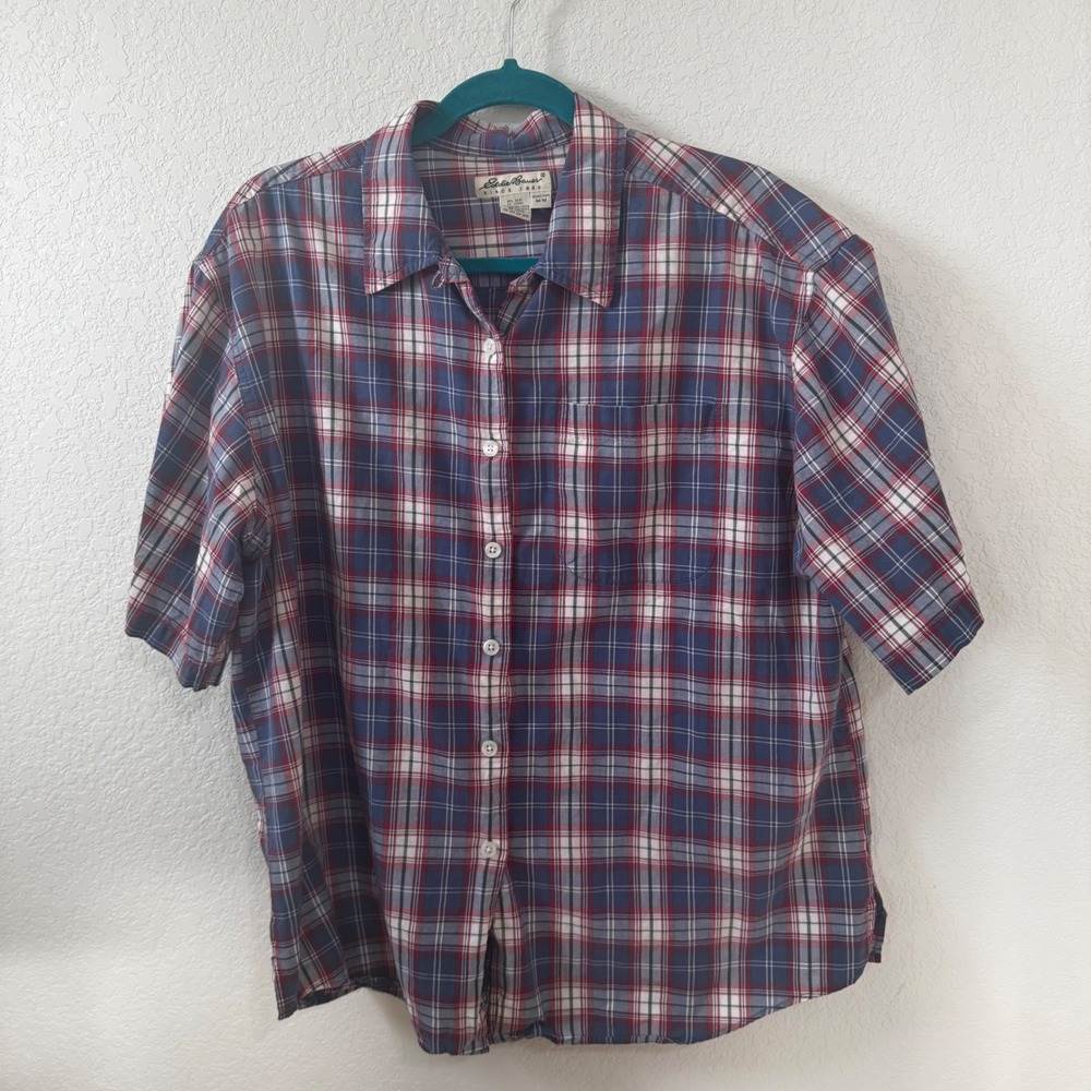 Eddie‎ Bauer Mens Plaid Short Sleeve Button Up Shirt Blue Red M/M
